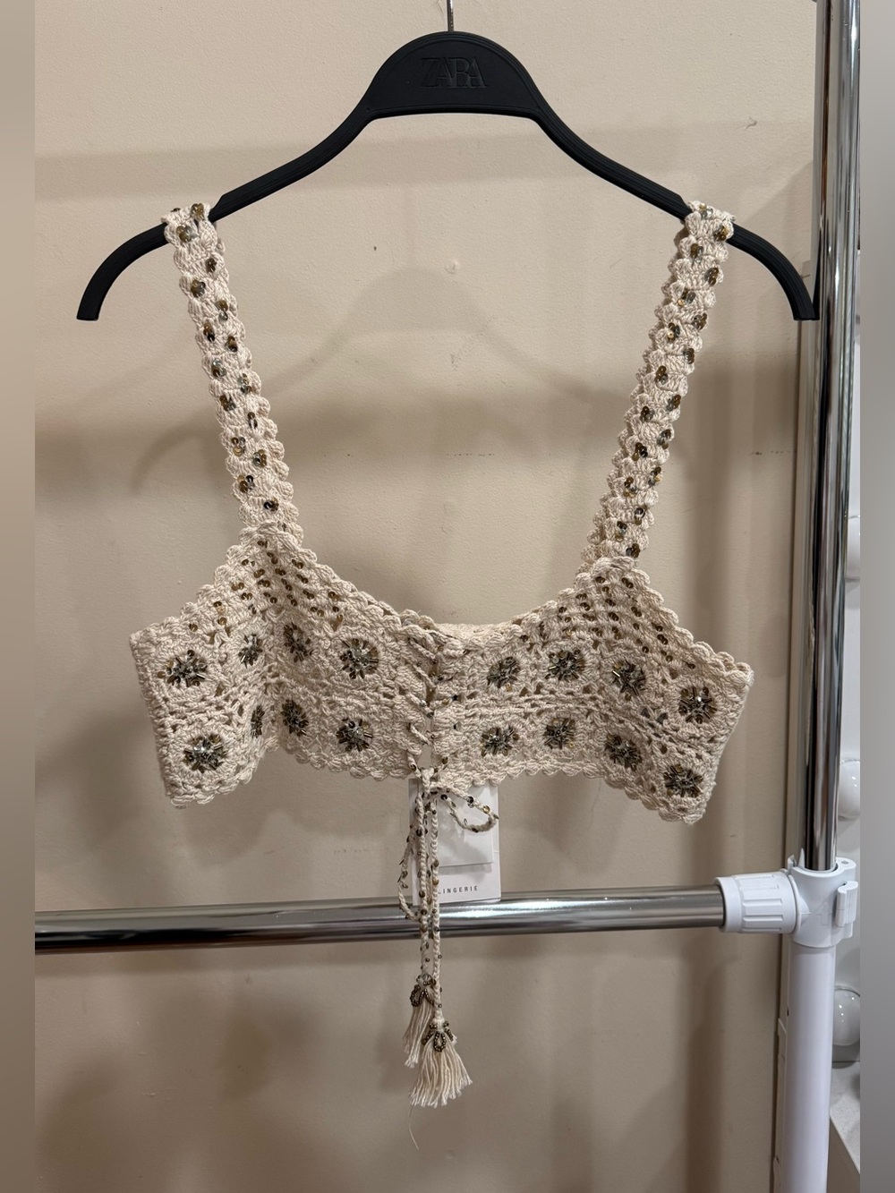 ZARA Limited Edition Beaded Crochet Top Cream Size M NWT